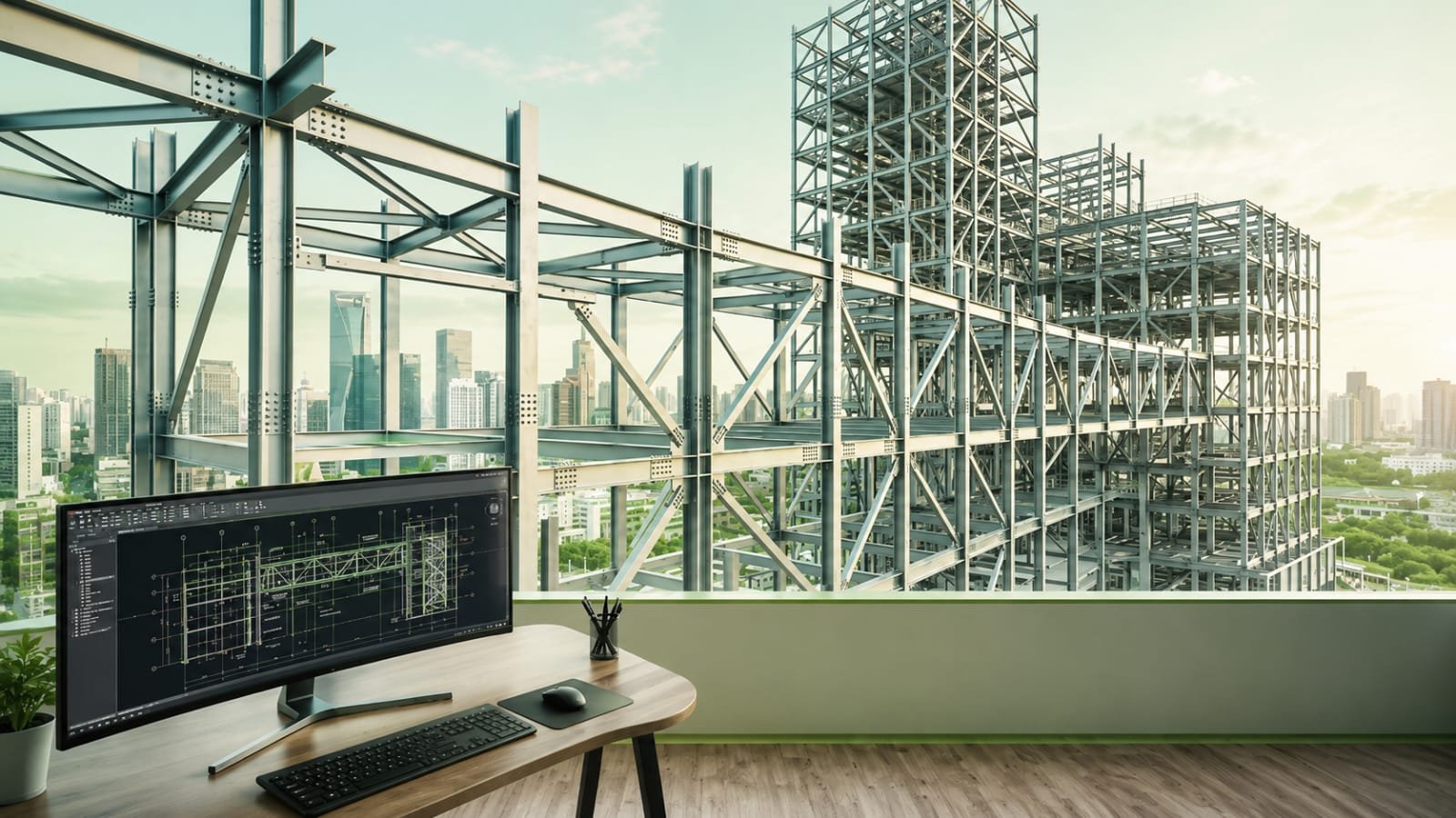 Steel framing and detailing workstation overlooking a building structure