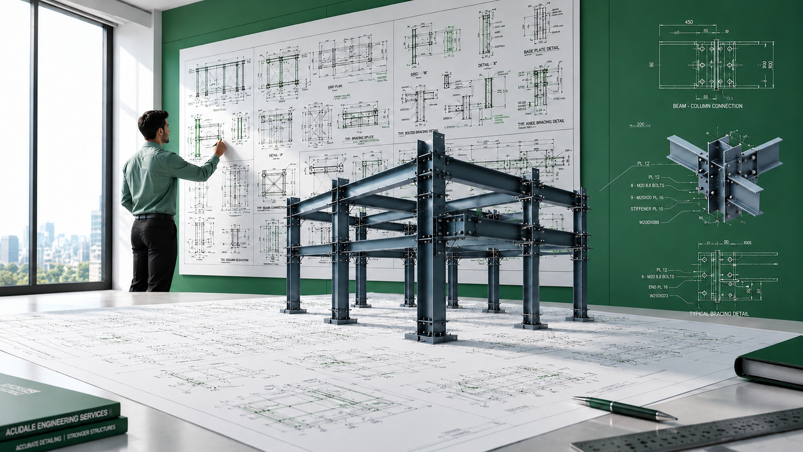 Steel detailing, fabrication, and construction workflow collage