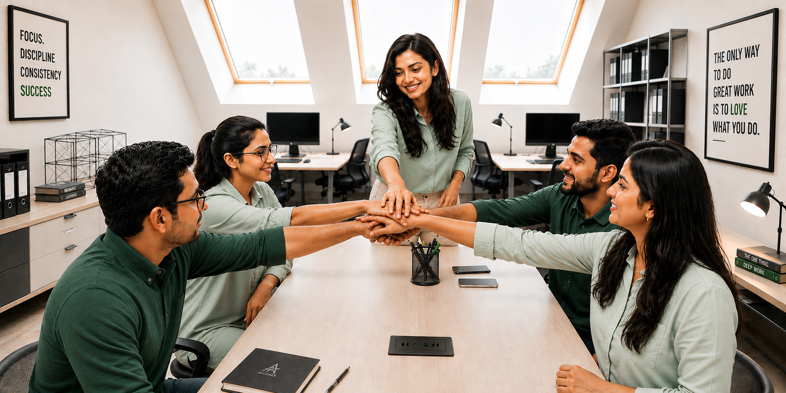 Acudale Engineering team joining hands together over a workspace desk